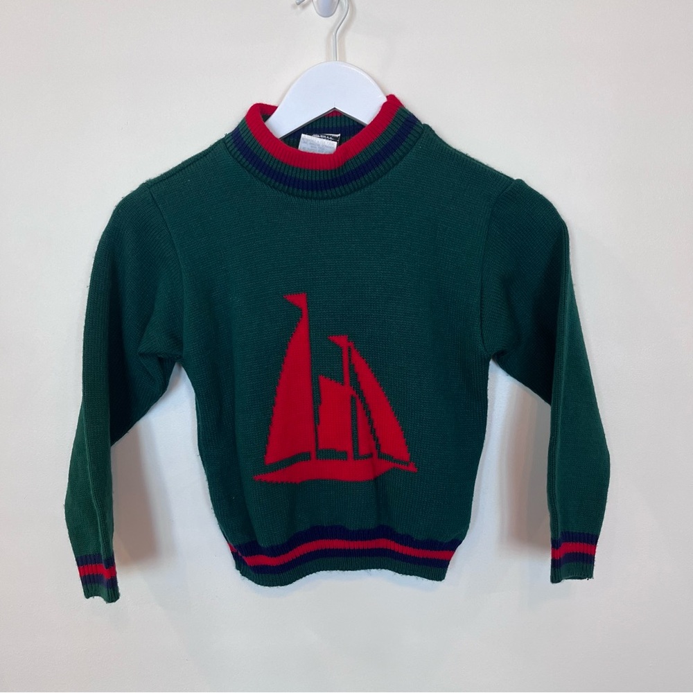 Vintage Boys Sailboat Sweater Good Lad Youth Size 6 Green Nautical Preppy